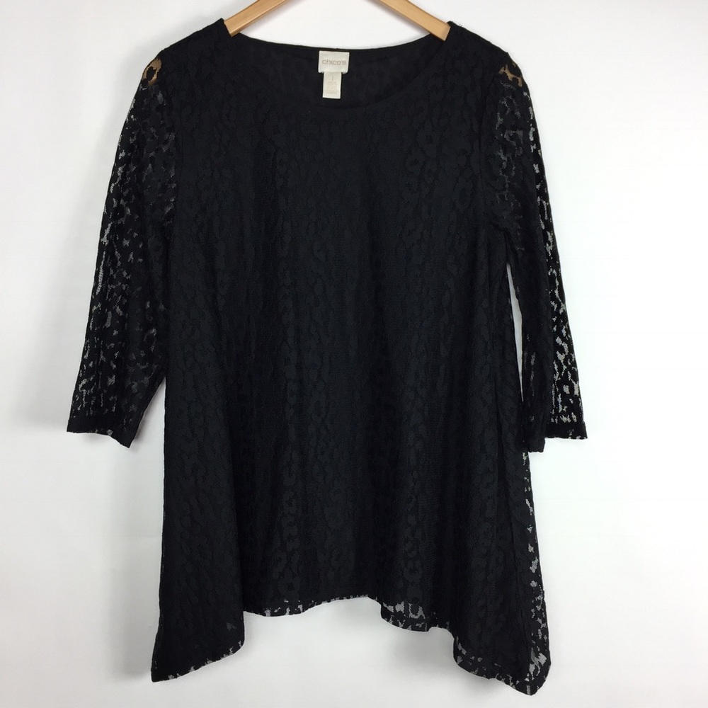 Chico’s Black Lace 3/4 Sleeve Flowy Top Blouse